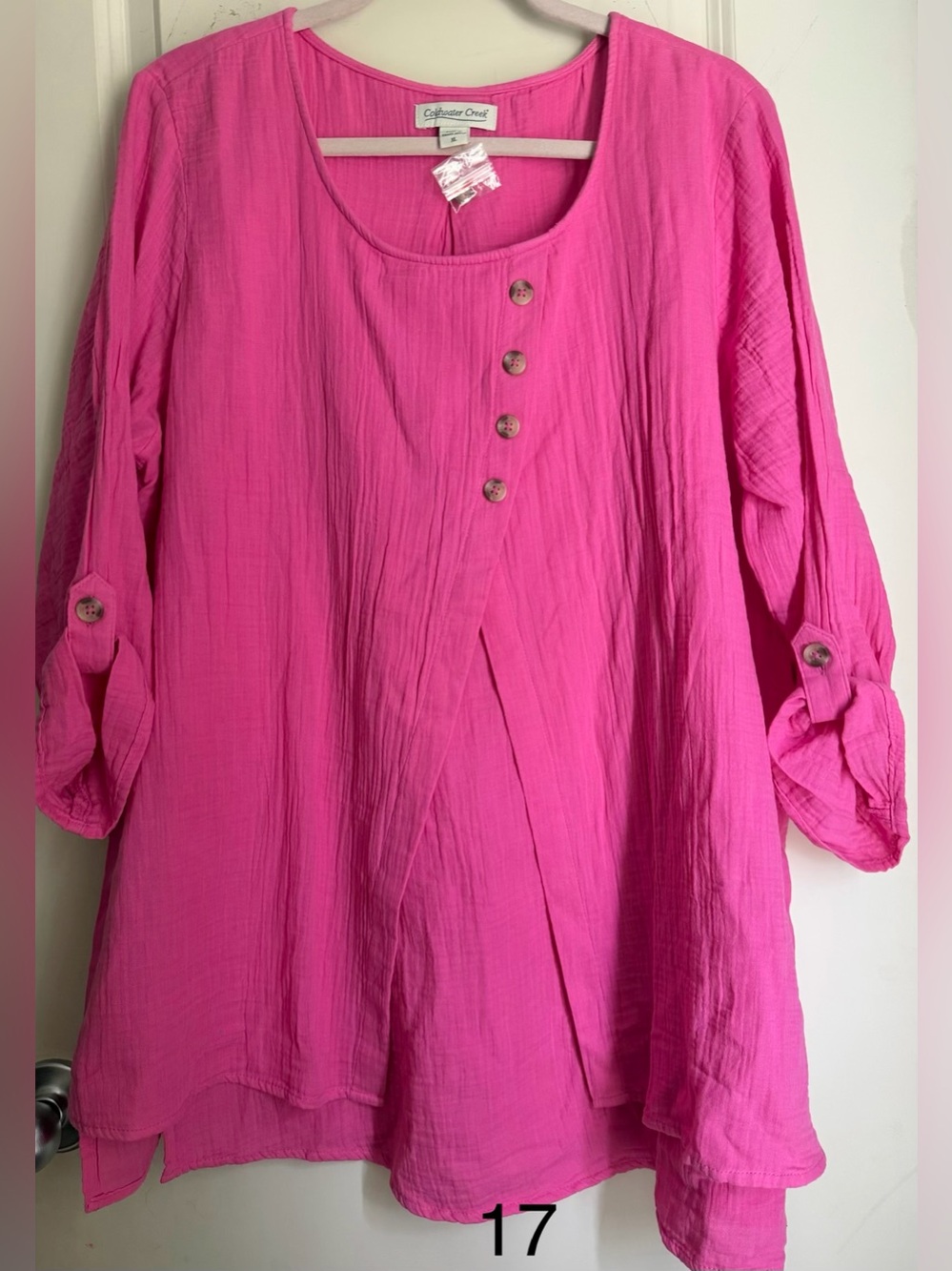 NWT Coldwater Creek light as air gauze Bright Pink Button Accent Tunic Top XL